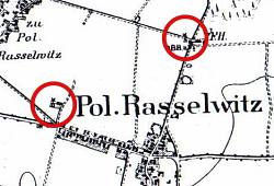 Fragment mapy Racławiczek z 1883 r. z zaznaczonymi dwoma wiatrakami